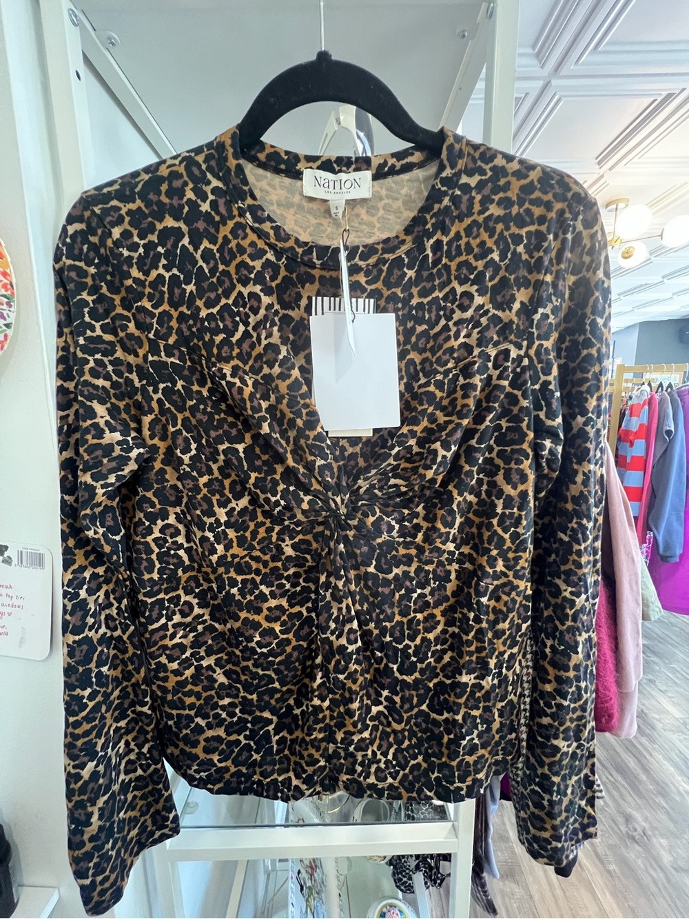 Nation Anthropologie leopard -Print Twist-Front Long Sleeve Top Brown/Black NWT